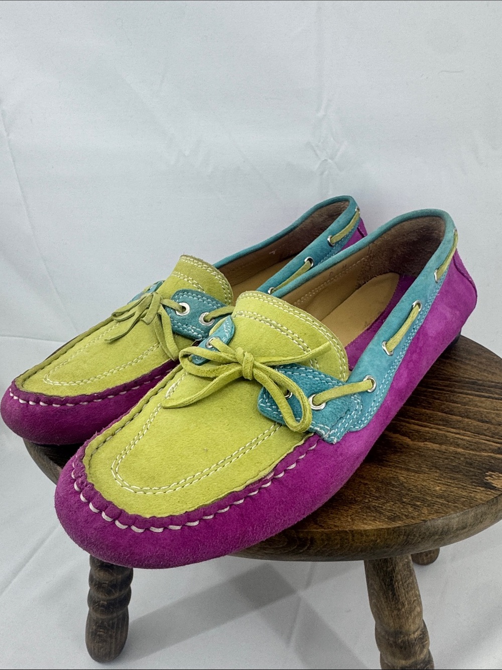 Vaneli Womens Suede Driving Mocs Loafers, Colorblock in Lime, Teal & Magenta, 9